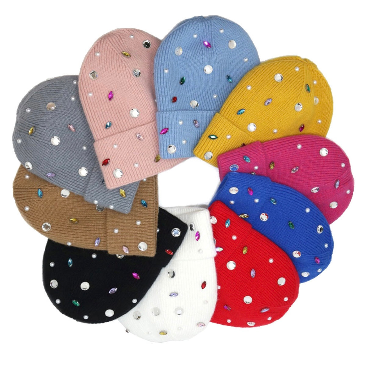 Colorful beanies with sequin embellishments arranged in a circular pattern on a white background.