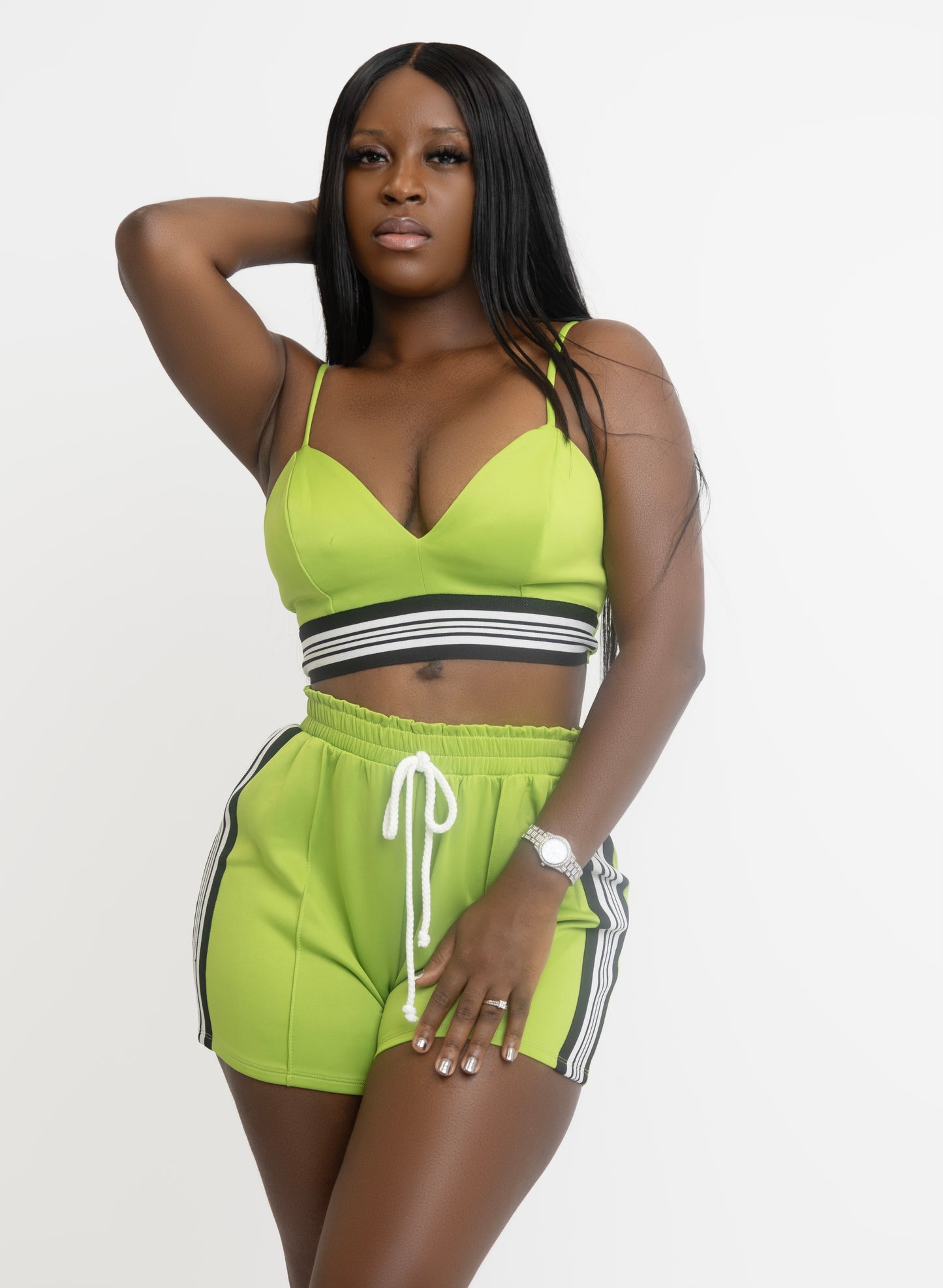 women's neon green two piece short set with black and white stripes - vacation or night out