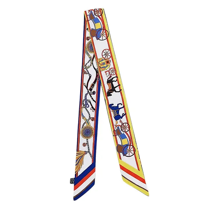 Colorful scarf with horse and carriage design on a white background