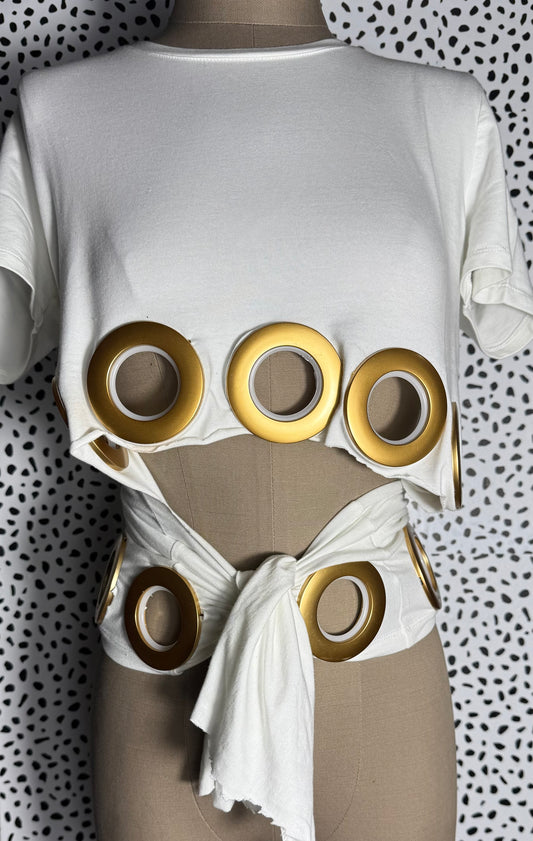 women's White top with gold grommet details- concert or date night outfit